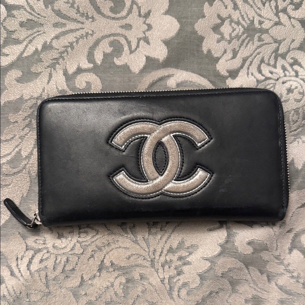 Chanel Black Wallet with Silver Logo Full Zip Around